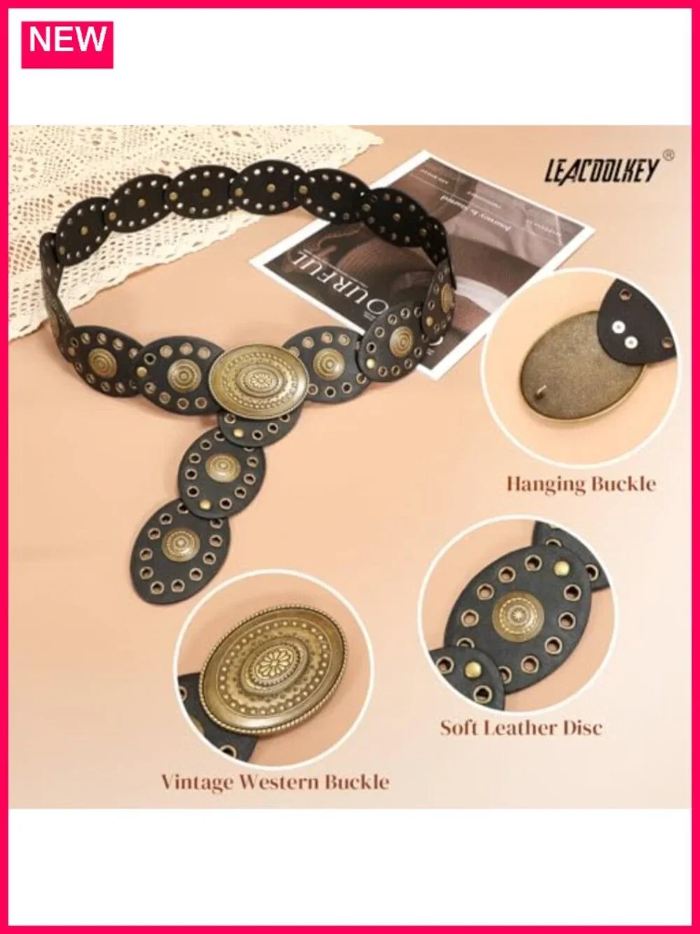 Faux Leather Hollow Western Disc Belt with Vintage Buckle